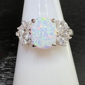 925 Sterling Silver White Fire Opal & CZ Ring in various sizes.